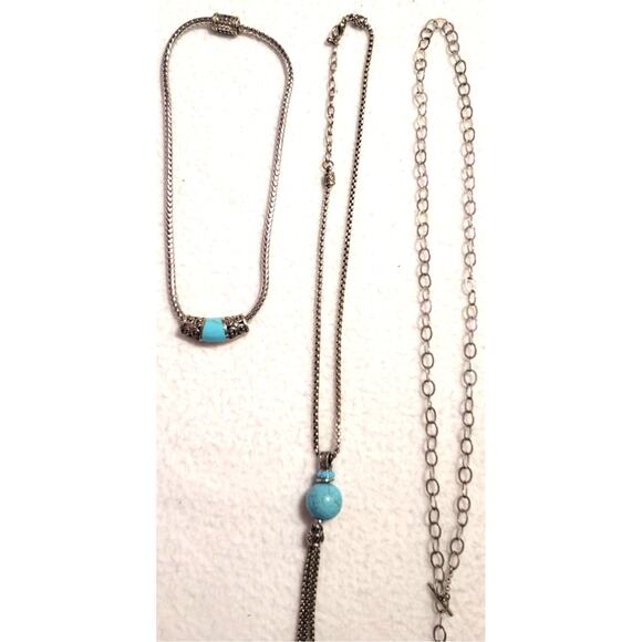 Lot 3 Faux Turquoise Necklaces Silvertone Choker Toggle Fringe Western Boho - Picture 4 of 10